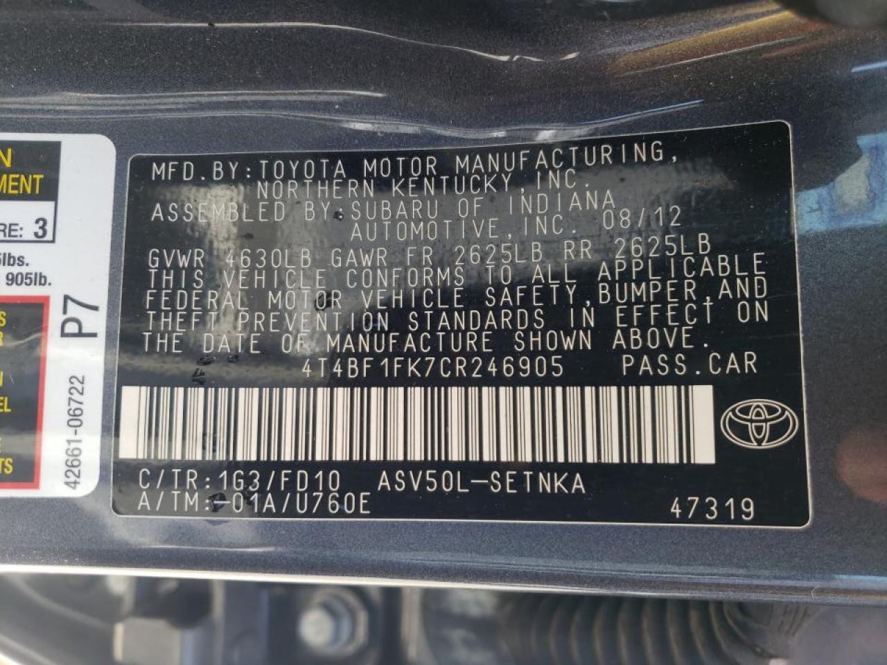 Photo 10 from auction – 2012 TOYOTA CAMRY BASE with VIN 4T4BF1FK7CR246905