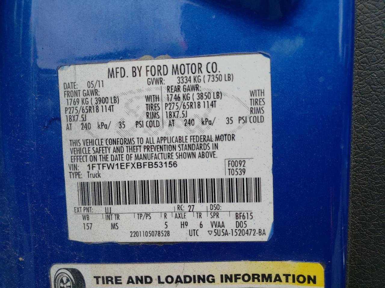 Zdjęcie 10 z aukcji – 2011 FORD F150 SUPER z VIN 1FTFW1EFXBFB53156