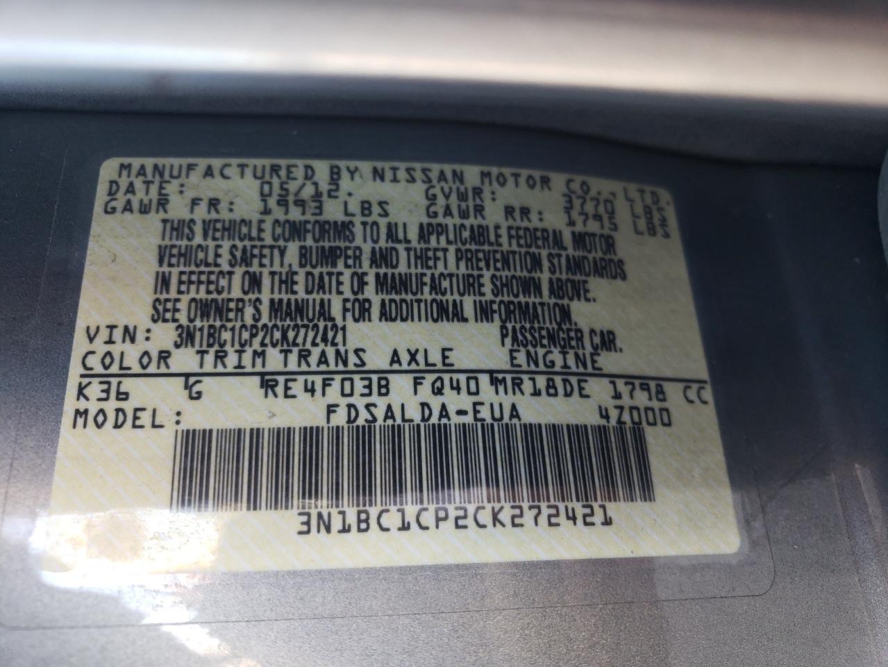 Photo 10 from auction – 2012 NISSAN VERSA S with VIN 3N1BC1CP2CK272421