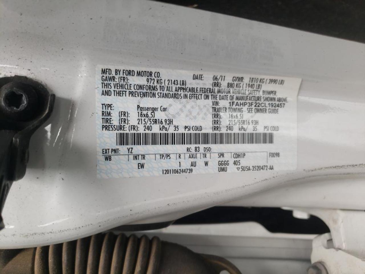 Photo 10 from auction – 2012 FORD FOCUS SE with VIN 1FAHP3F22CL192457