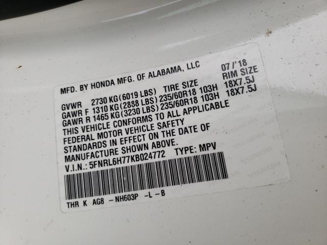 Photo 10 from auction – 2019 HONDA ODYSSEY EX with VIN 5FNRL6H77KB024772