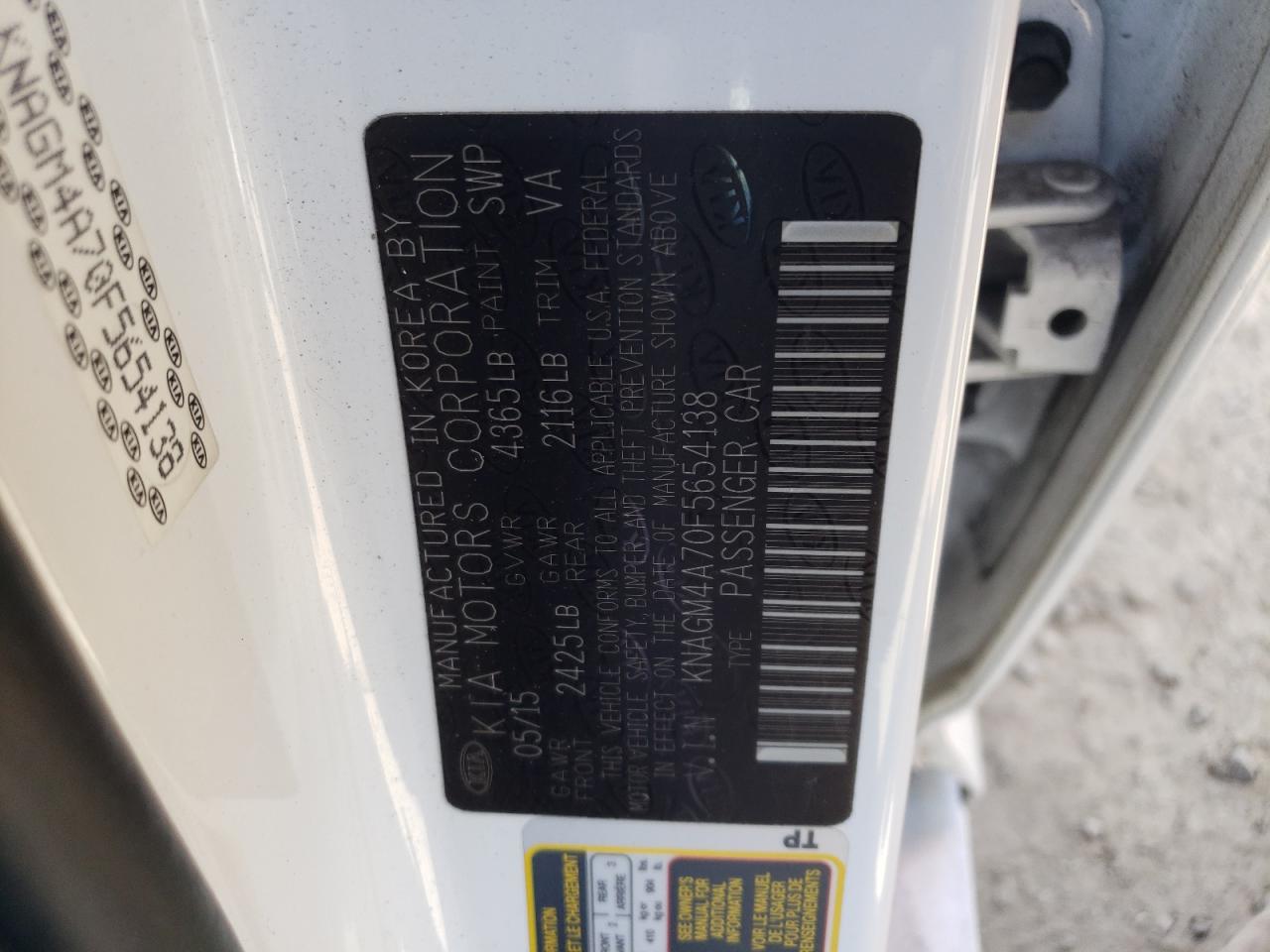 Photo 10 from auction – 2015 KIA OPTIMA LX with VIN KNAGM4A70F5654138