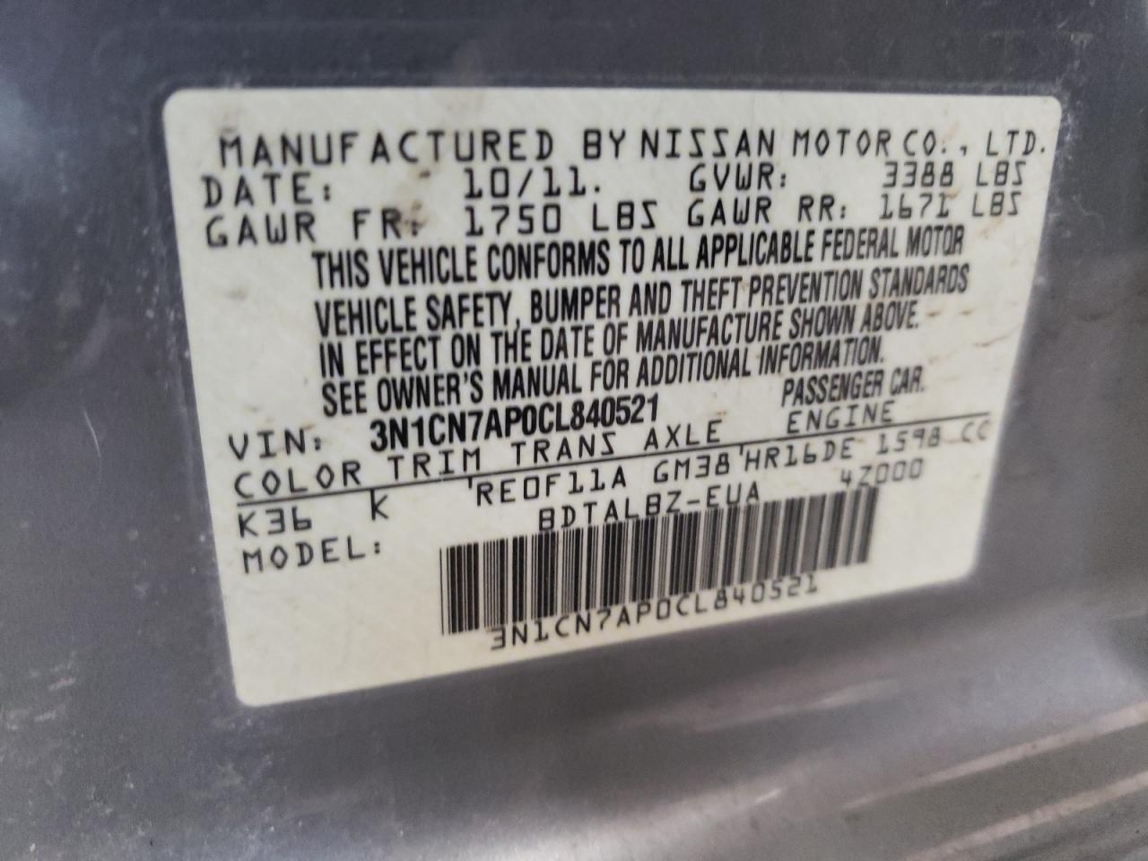 Photo 10 from auction – 2012 NISSAN VERSA S with VIN 3N1CN7AP0CL840521
