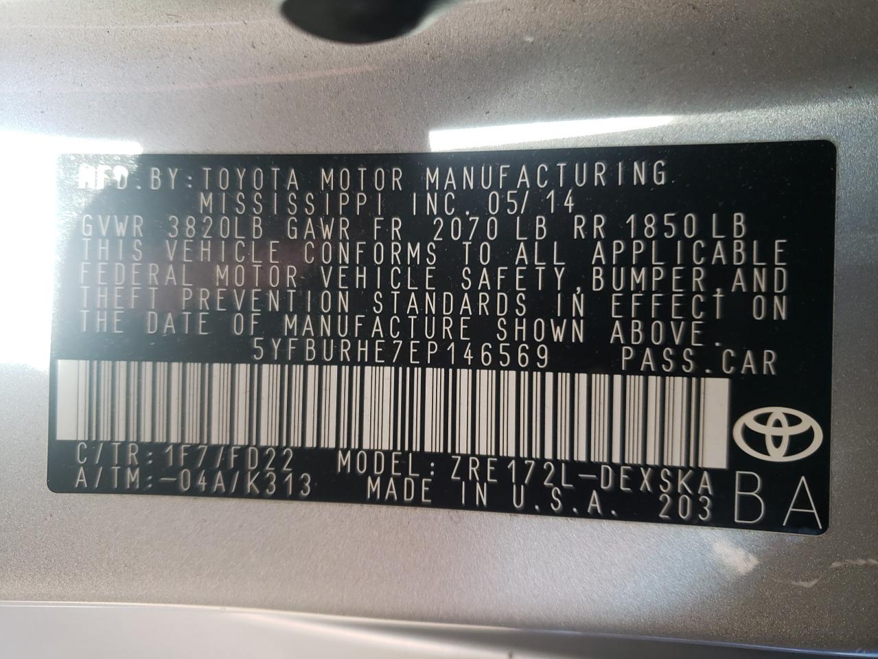 Photo 10 from auction – 2014 TOYOTA COROLLA L with VIN 5YFBURHE7EP146569