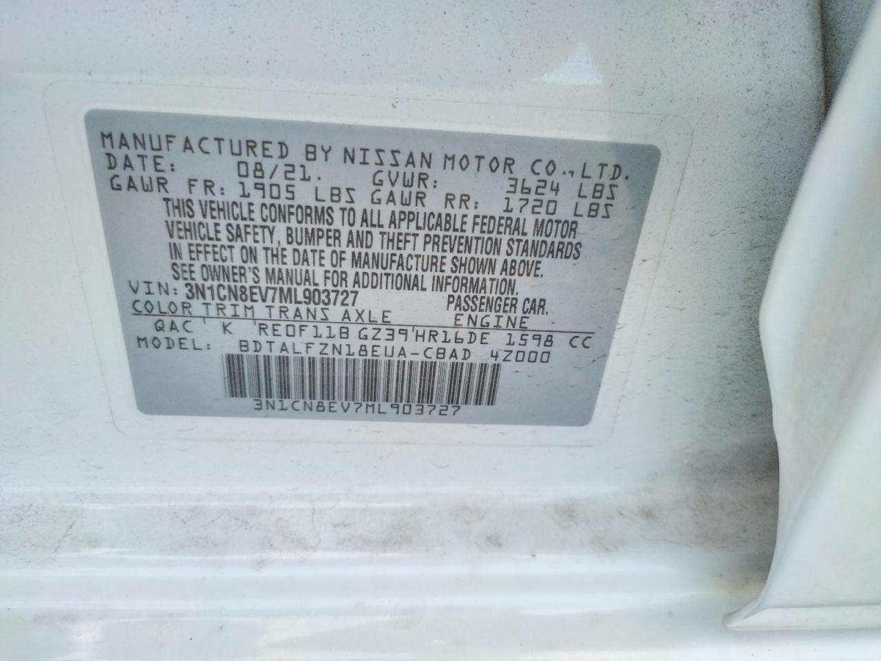Photo 10 from auction – 2021 NISSAN VERSA SV with VIN 3N1CN8EV7ML903727