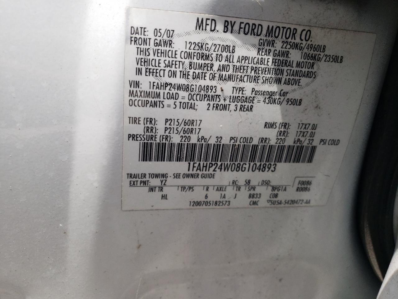 Photo 10 from auction – 2008 FORD TAURUS SEL with VIN 1FAHP24W08G104893
