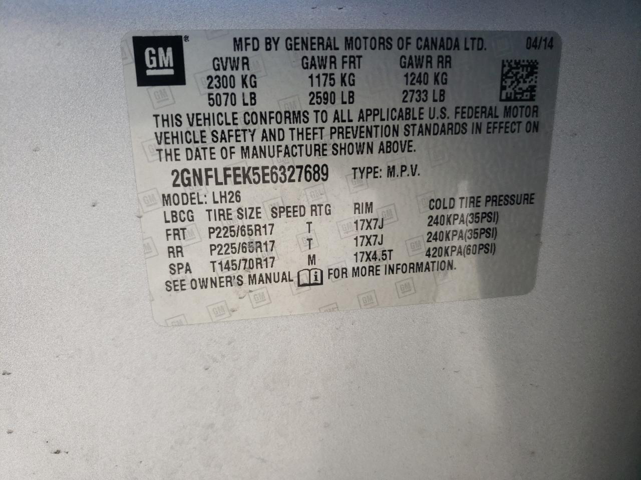 Photo 10 from auction – 2014 CHEVROLET EQUINOX LT with VIN 2GNFLFEK5E6327689