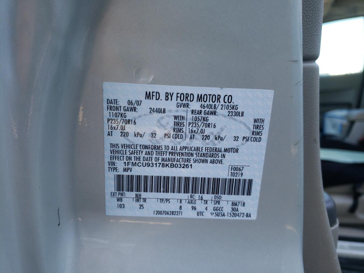 Photo 10 from auction – 2008 FORD ESCAPE XLT with VIN 1FMCU93178KB03261