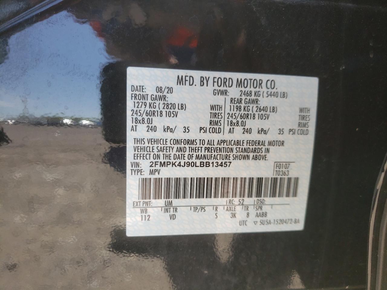 Photo 10 from auction – 2020 FORD EDGE SEL with VIN 2FMPK4J90LBB13457