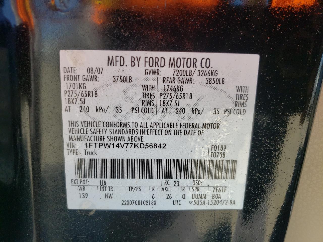 Photo 10 from auction – 2007 FORD F150 SUPER with VIN 1FTPW14V77KD56842