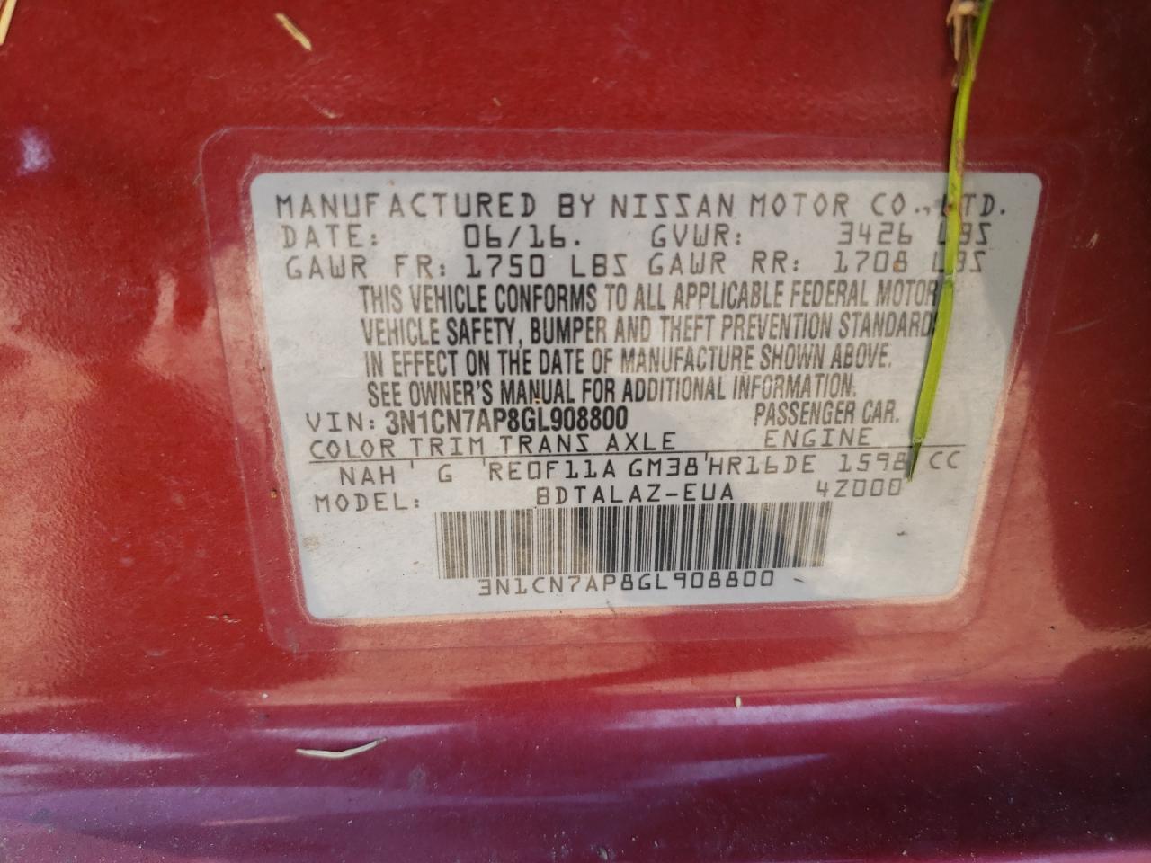 Photo 10 from auction – 2016 NISSAN VERSA S with VIN 3N1CN7AP8GL908800