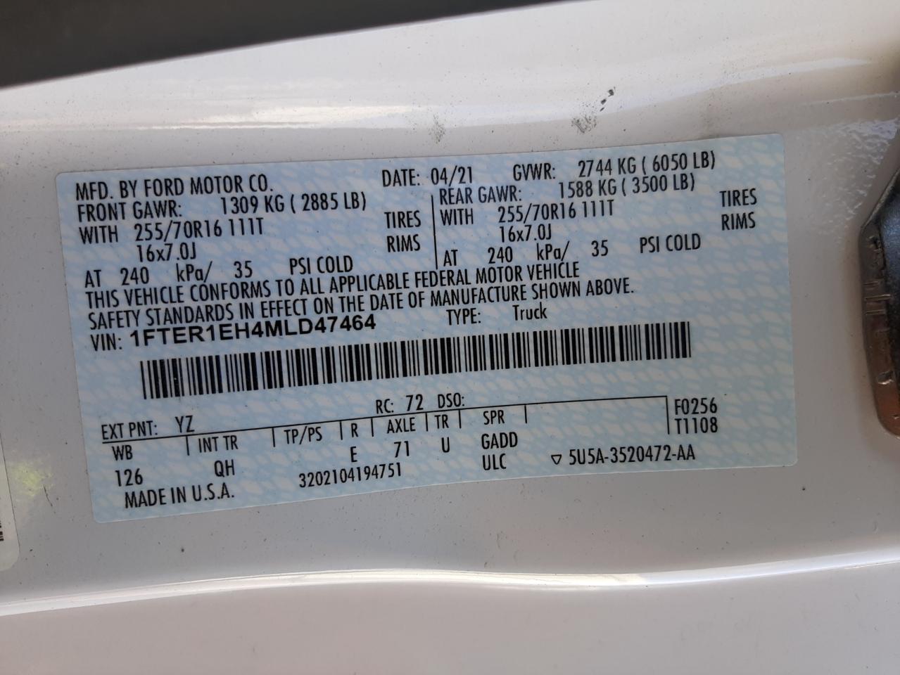 Photo 10 from auction – 2021 FORD RANGER XL with VIN 1FTER1EH4MLD47464