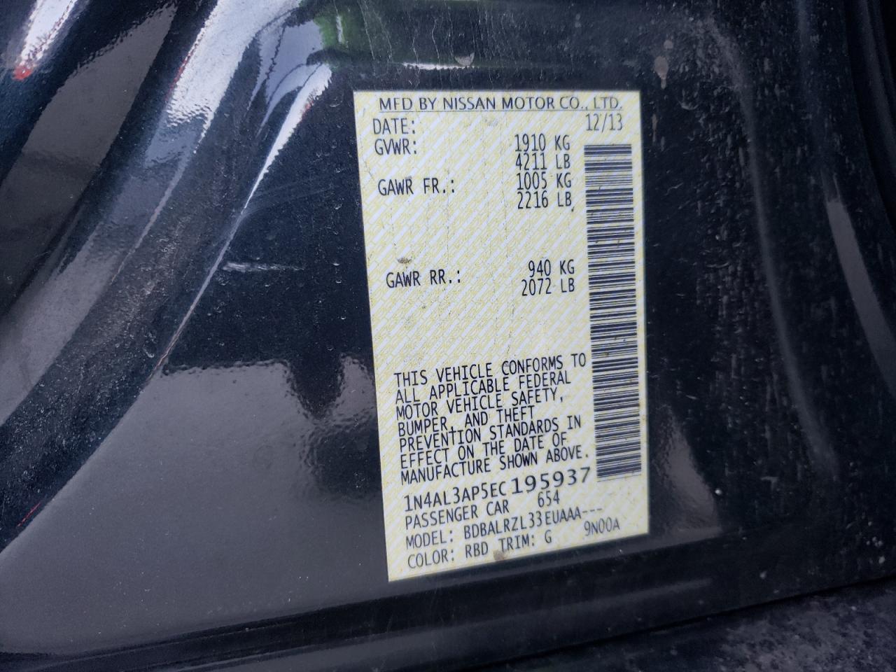 Photo 10 from auction – 2014 NISSAN ALTIMA 2.5 with VIN 1N4AL3AP5EC195937