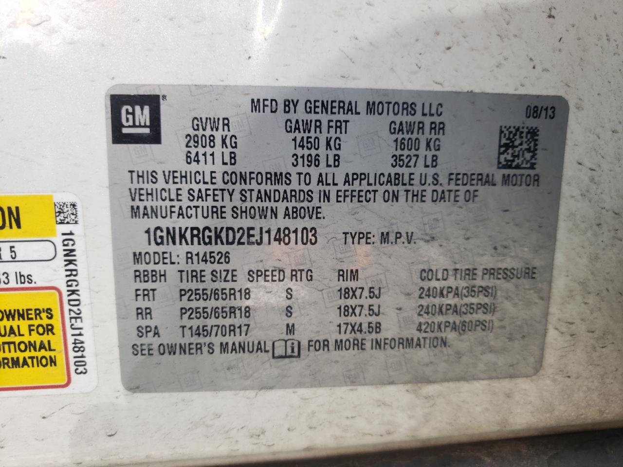 Photo 10 from auction – 2014 CHEVROLET TRAVERSE L with VIN 1GNKRGKD2EJ148103