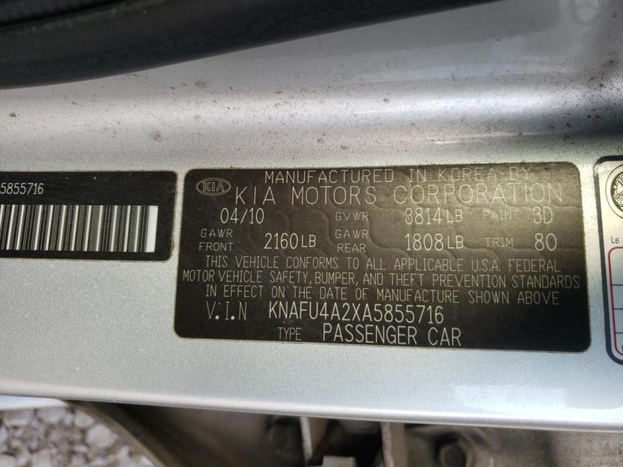 Photo 10 from auction – 2010 KIA FORTE EX with VIN KNAFU4A2XA5855716