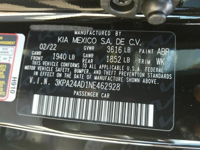Photo 10 from auction – 2022 KIA RIO LX with VIN 3KPA24AD1NE462928