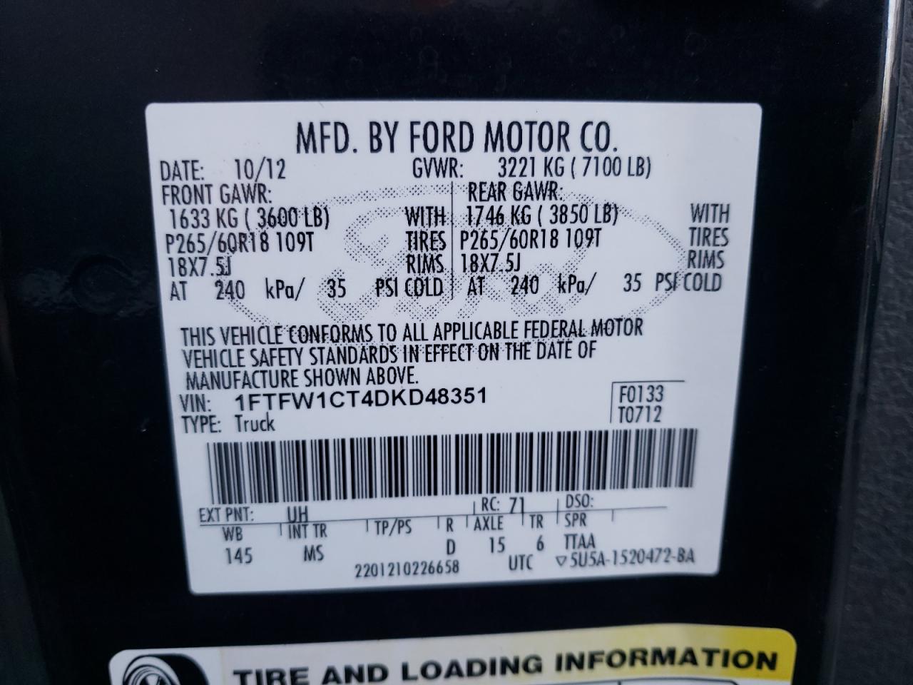 Photo 10 from auction – 2013 FORD F150 SUPER with VIN 1FTFW1CT4DKD48351