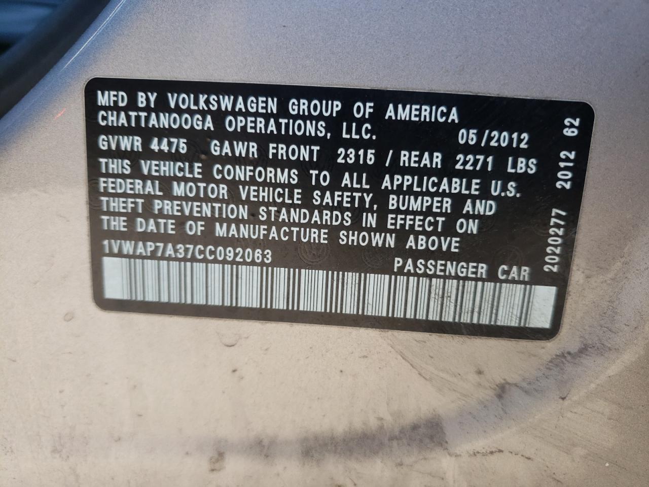 Photo 10 from auction – 2012 VOLKSWAGEN PASSAT S with VIN 1VWAP7A37CC092063