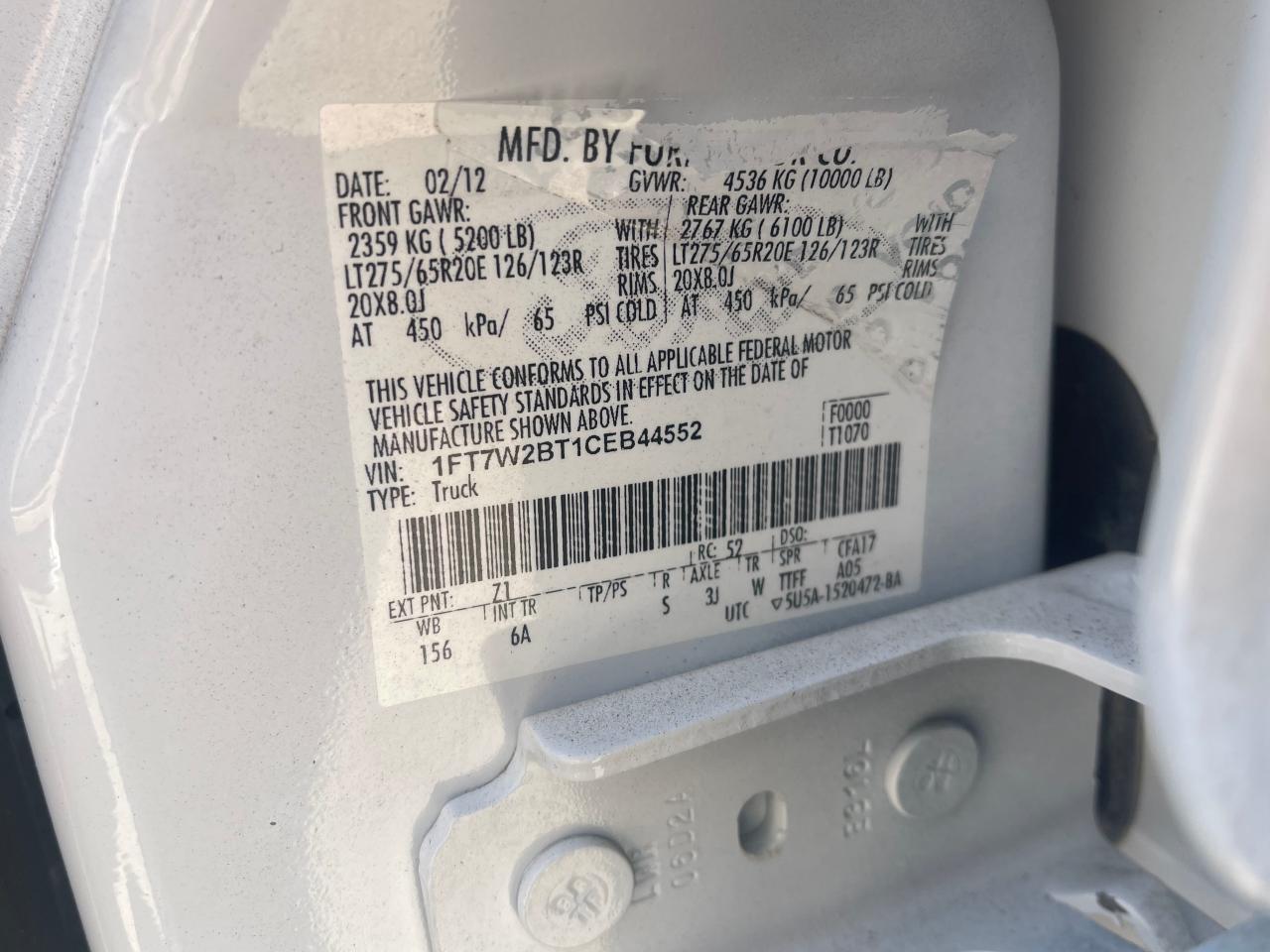Photo 10 from auction – 2012 FORD F250 SUPER with VIN 1FT7W2BT1CEB44552