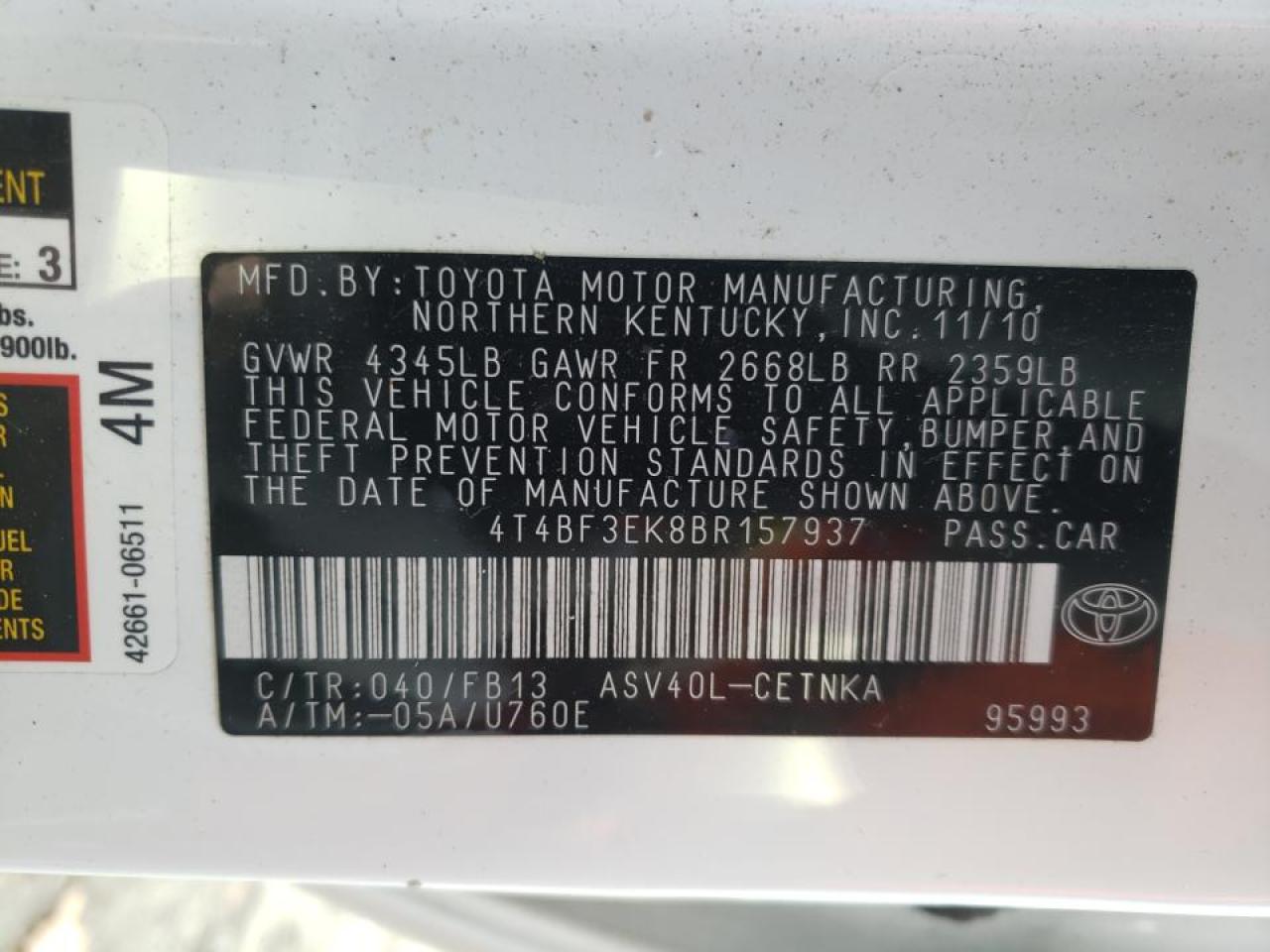 Photo 10 from auction – 2011 TOYOTA CAMRY BASE with VIN 4T4BF3EK8BR157937