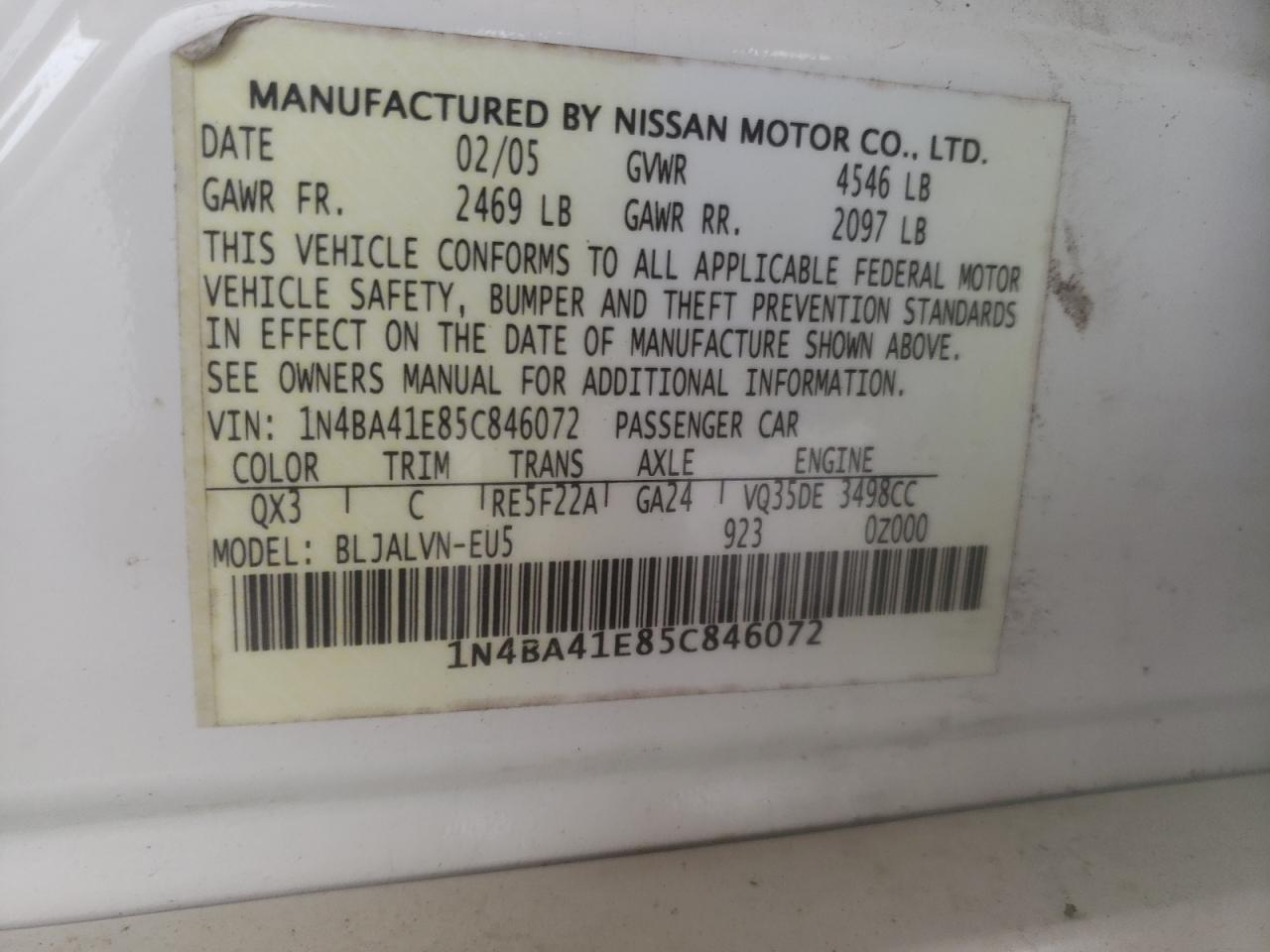 Photo 10 from auction – 2005 NISSAN MAXIMA SE with VIN 1N4BA41E85C846072