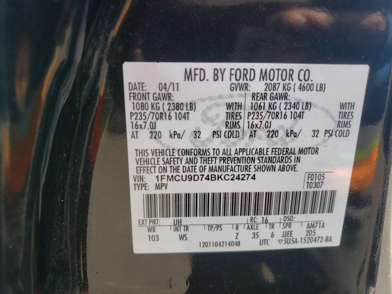 Фото 10 с аукциона – 2011 FORD ESCAPE XLT с VIN 1FMCU9D74BKC24274