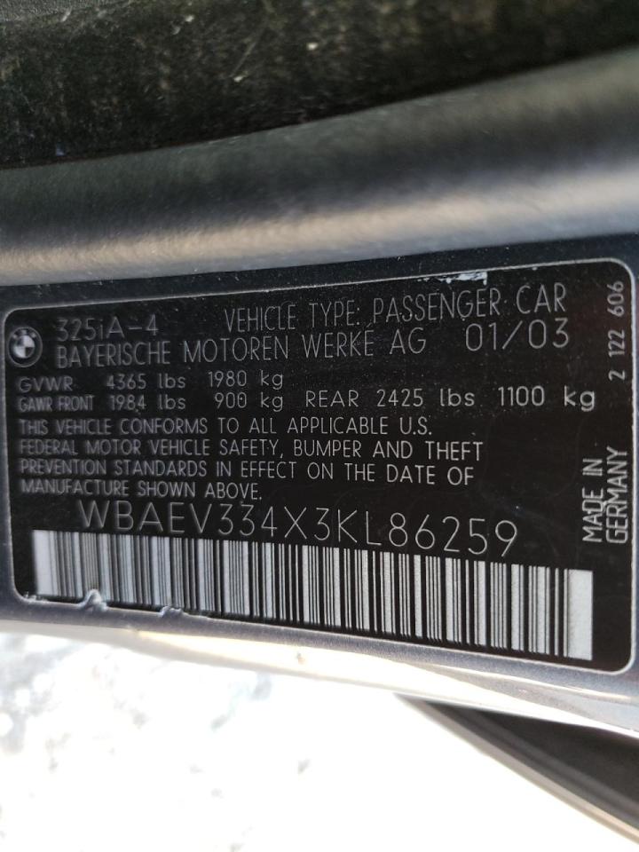 Photo 10 from auction – 2003 BMW 325I with VIN WBAEV334X3KL86259
