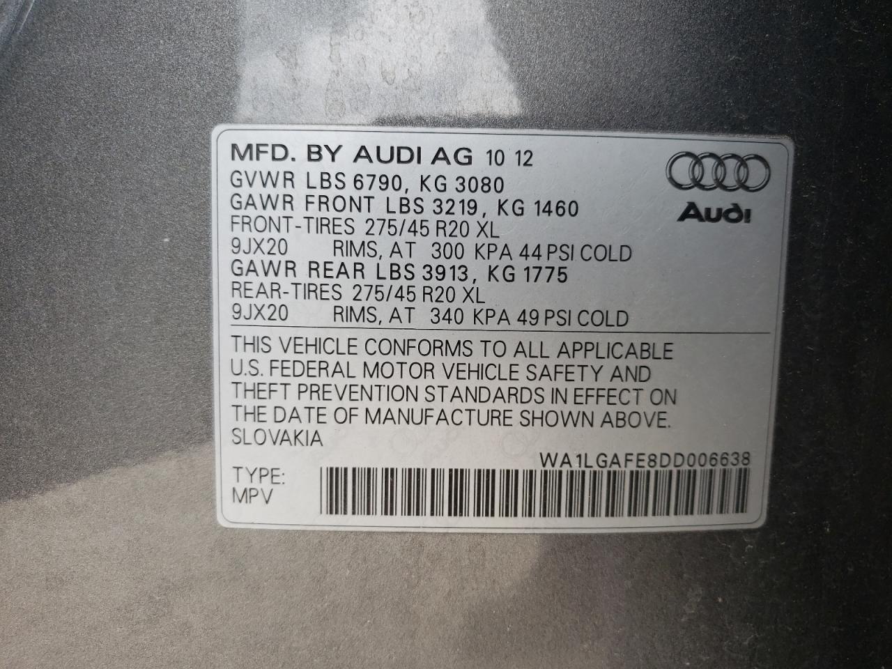 Photo 10 from auction – 2013 AUDI Q7 PREMIUM with VIN WA1LGAFE8DD006638