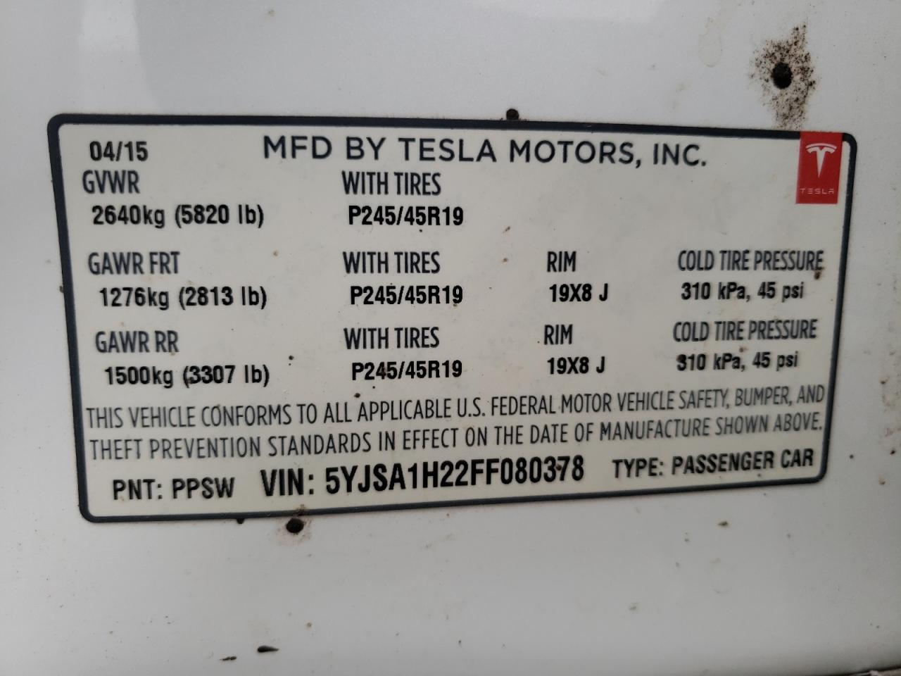 Photo 10 from auction – 2015 TESLA MODEL S 85 with VIN 5YJSA1H22FF080378