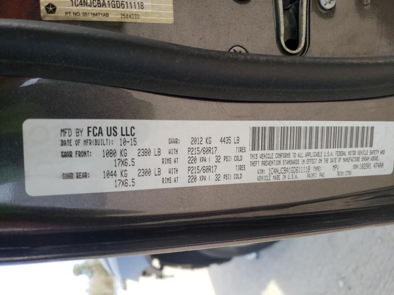 Photo 10 from auction – 2016 JEEP COMPASS SP with VIN 1C4NJCBA1GD611118