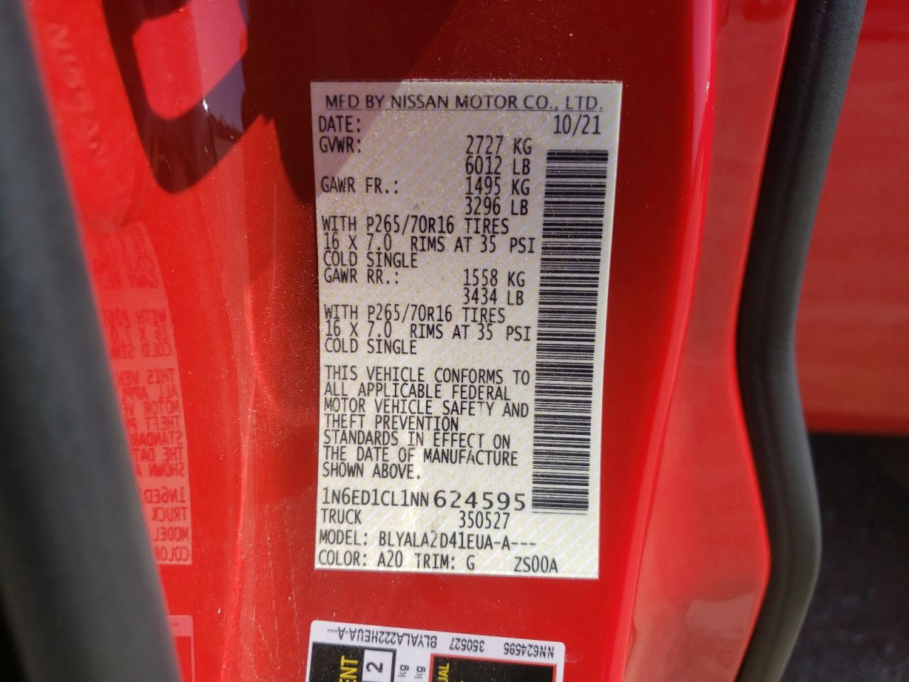 Photo 10 from auction – 2022 NISSAN FRONTIER S with VIN 1N6ED1CL1NN624595