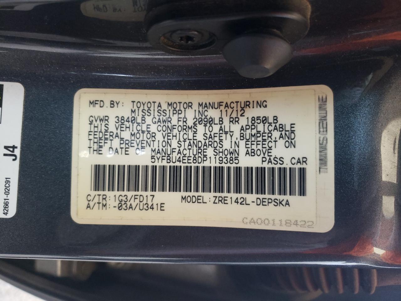 Photo 10 from auction – 2013 TOYOTA COROLLA BA with VIN 5YFBU4EE8DP119385