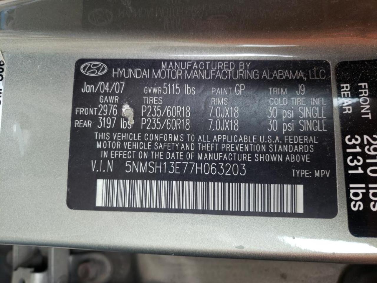 Photo 10 from auction – 2007 HYUNDAI SANTA FE S with VIN 5NMSH13E77H063203