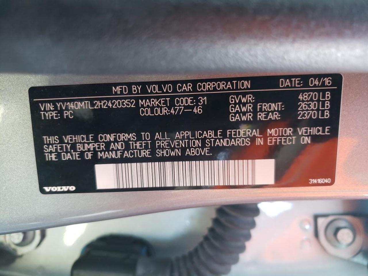 Photo 10 from auction – 2017 VOLVO S60 DYNAMI with VIN YV140MTL2H2420352