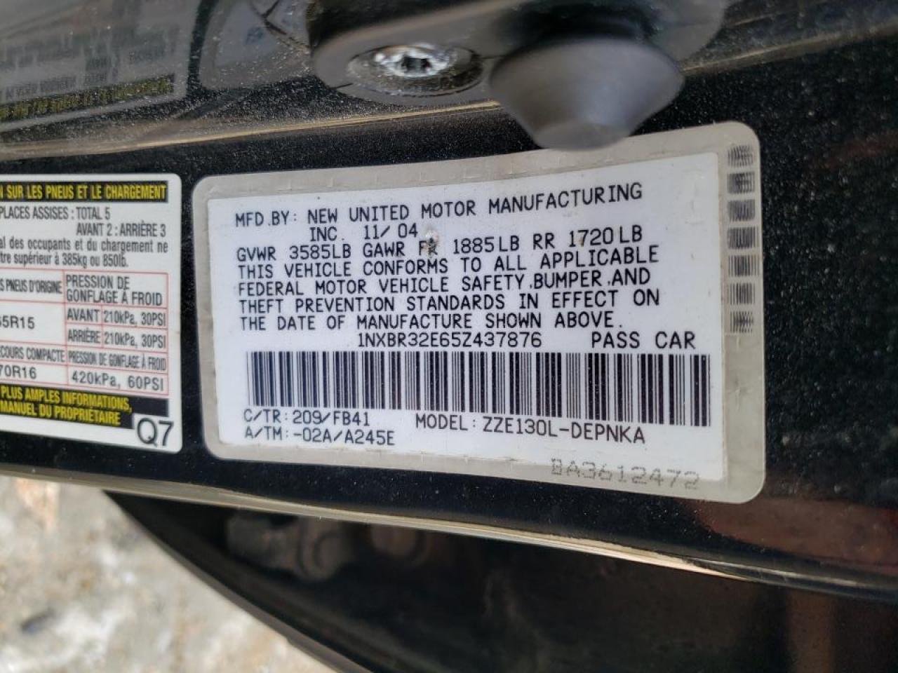 Photo 10 from auction – 2005 TOYOTA COROLLA CE with VIN 1NXBR32E65Z437876