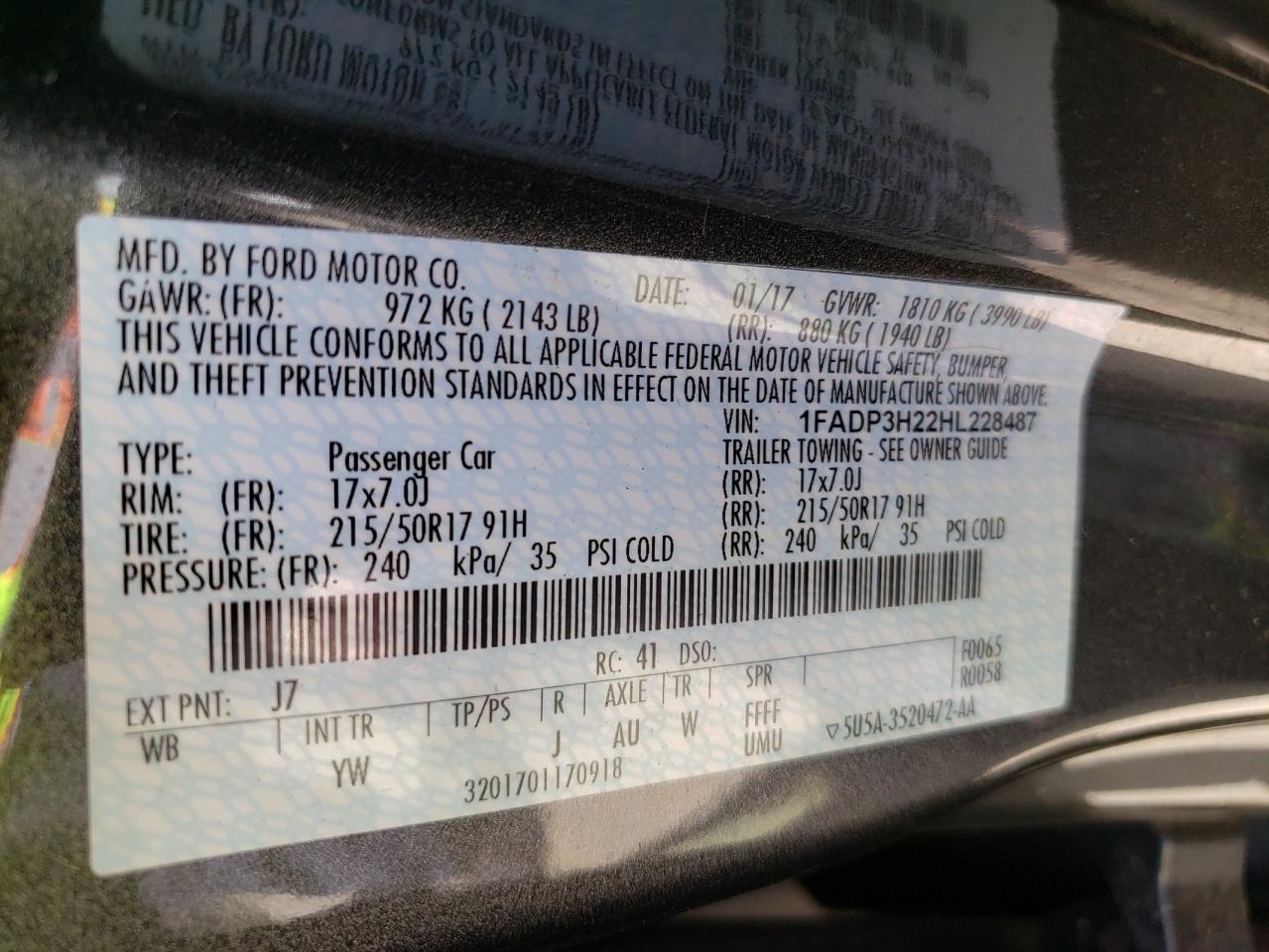 Foto 10 de la subasta – 2017 FORD FOCUS SEL con VIN 1FADP3H22HL228487