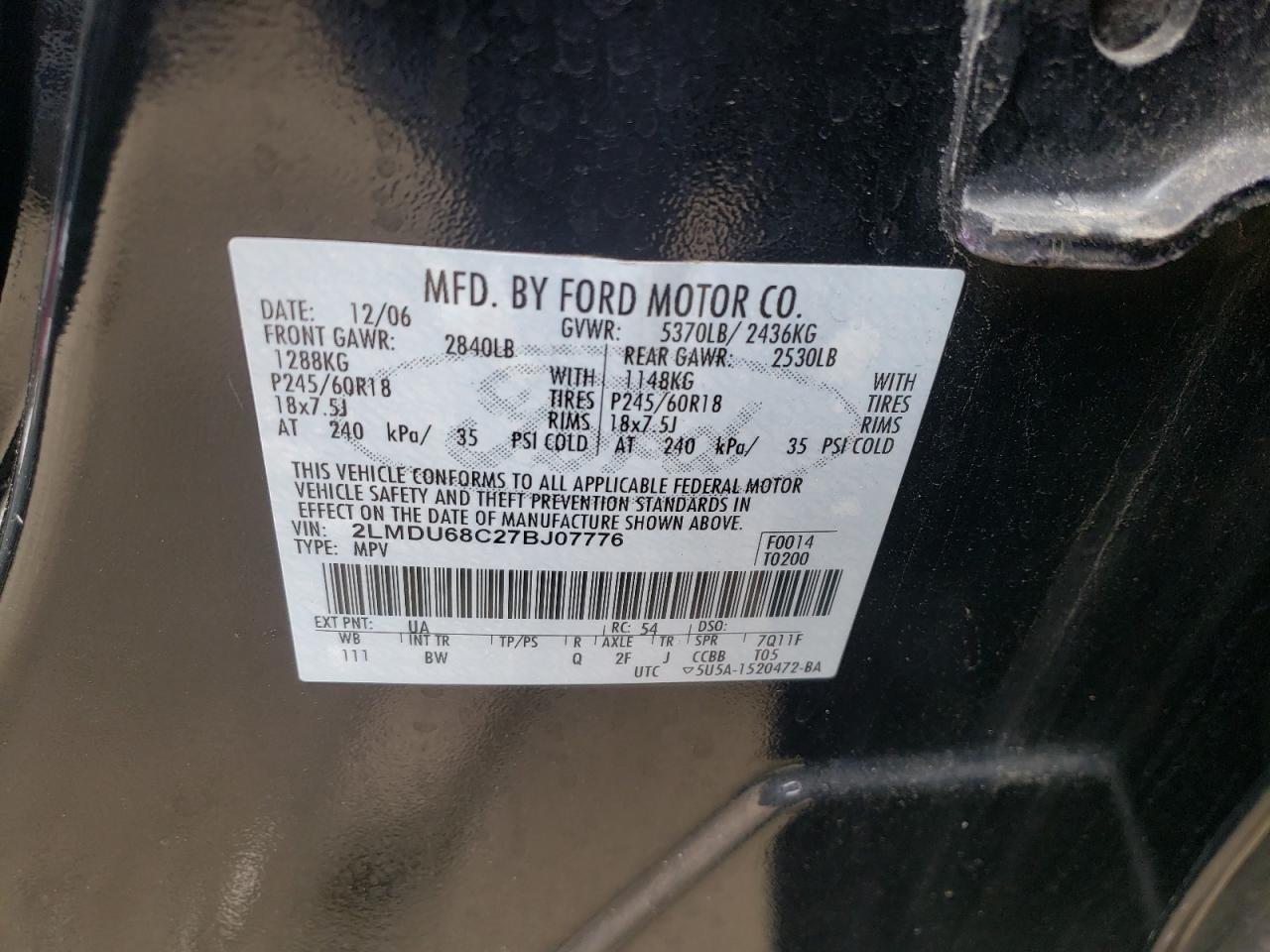 Photo 10 from auction – 2007 LINCOLN MKX with VIN 2LMDU68C27BJ07776
