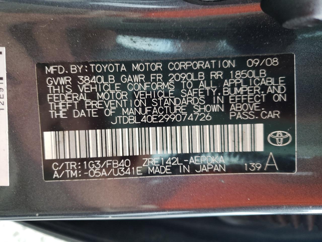 Photo 10 from auction – 2009 TOYOTA COROLLA BA with VIN JTDBL40E299074726