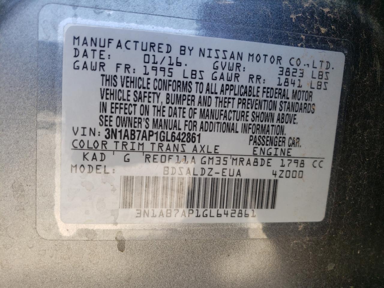 Photo 10 from auction – 2016 NISSAN SENTRA S with VIN 3N1AB7AP1GL642861