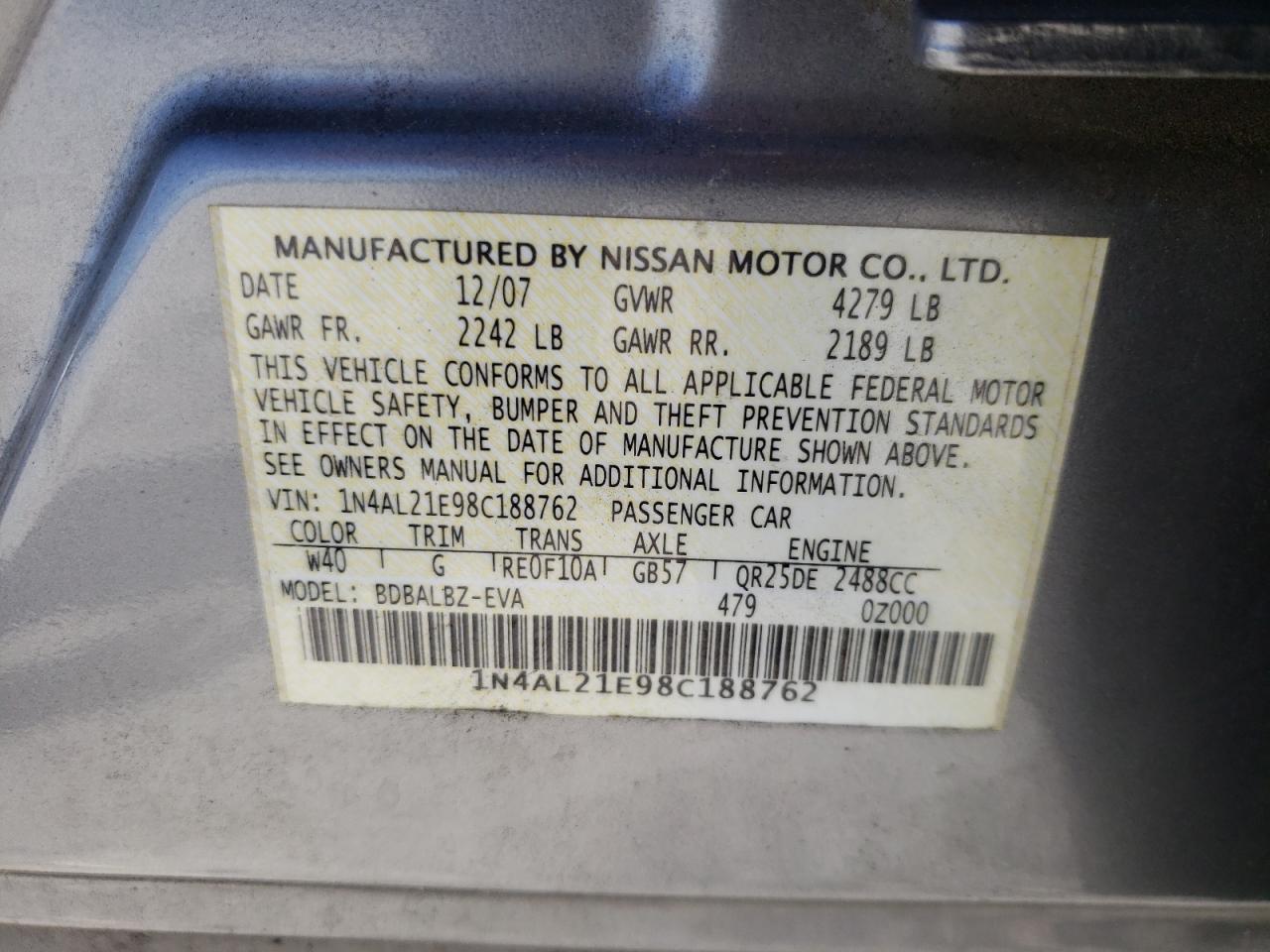 Photo 10 from auction – 2008 NISSAN ALTIMA 2.5 with VIN 1N4AL21E98C188762