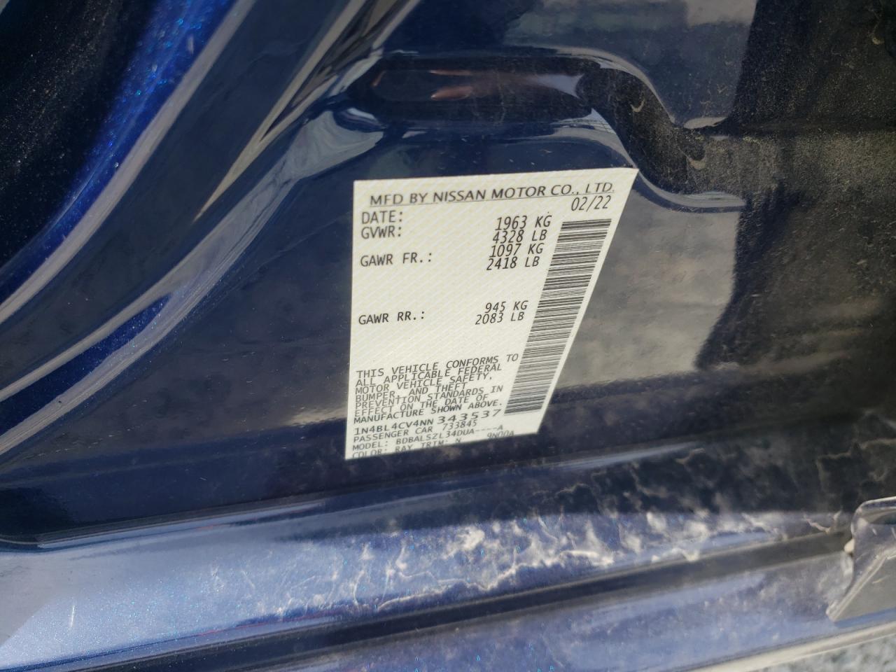 Photo 10 from auction – 2022 NISSAN ALTIMA SR with VIN 1N4BL4CV4NN343537