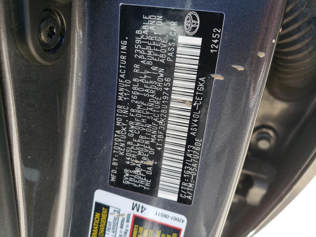 Photo 10 from auction – 2011 TOYOTA CAMRY BASE with VIN 4T1BF3EK2BU197456