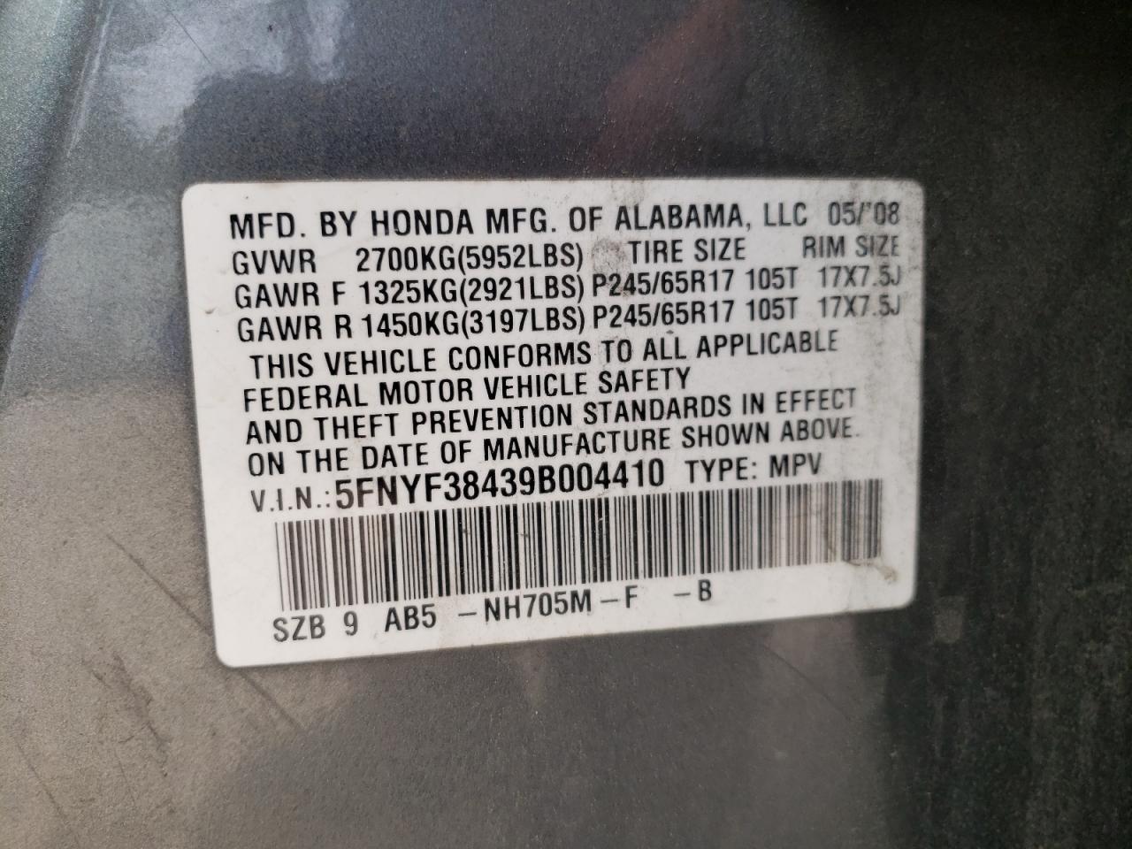 Photo 10 from auction – 2009 HONDA PILOT EX with VIN 5FNYF38439B004410