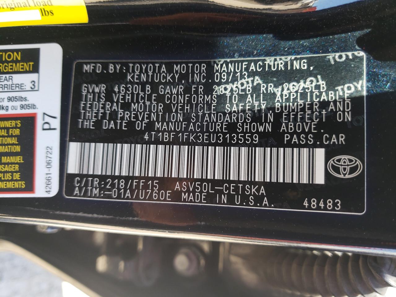 Photo 10 from auction – 2014 TOYOTA CAMRY SE with VIN 4T1BF1FK3EU313559
