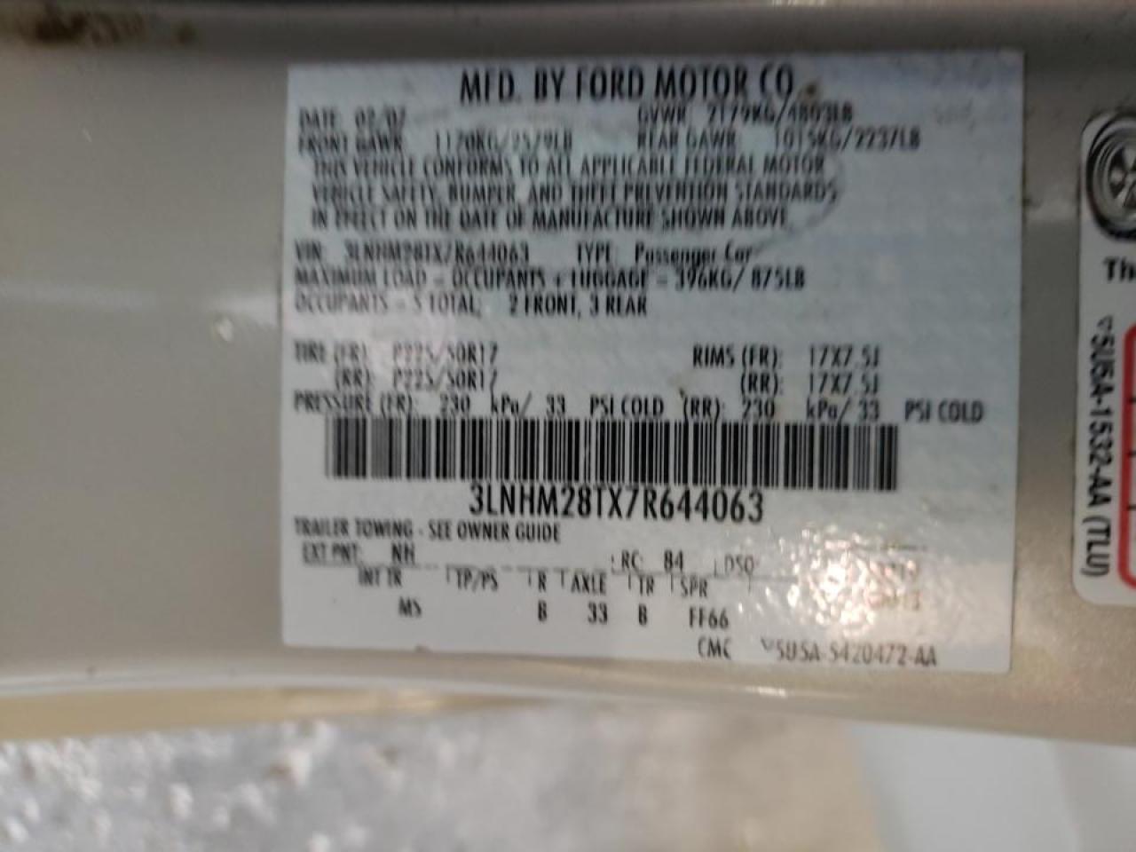 Photo 10 from auction – 2007 LINCOLN MKZ with VIN 3LNHM28TX7R644063