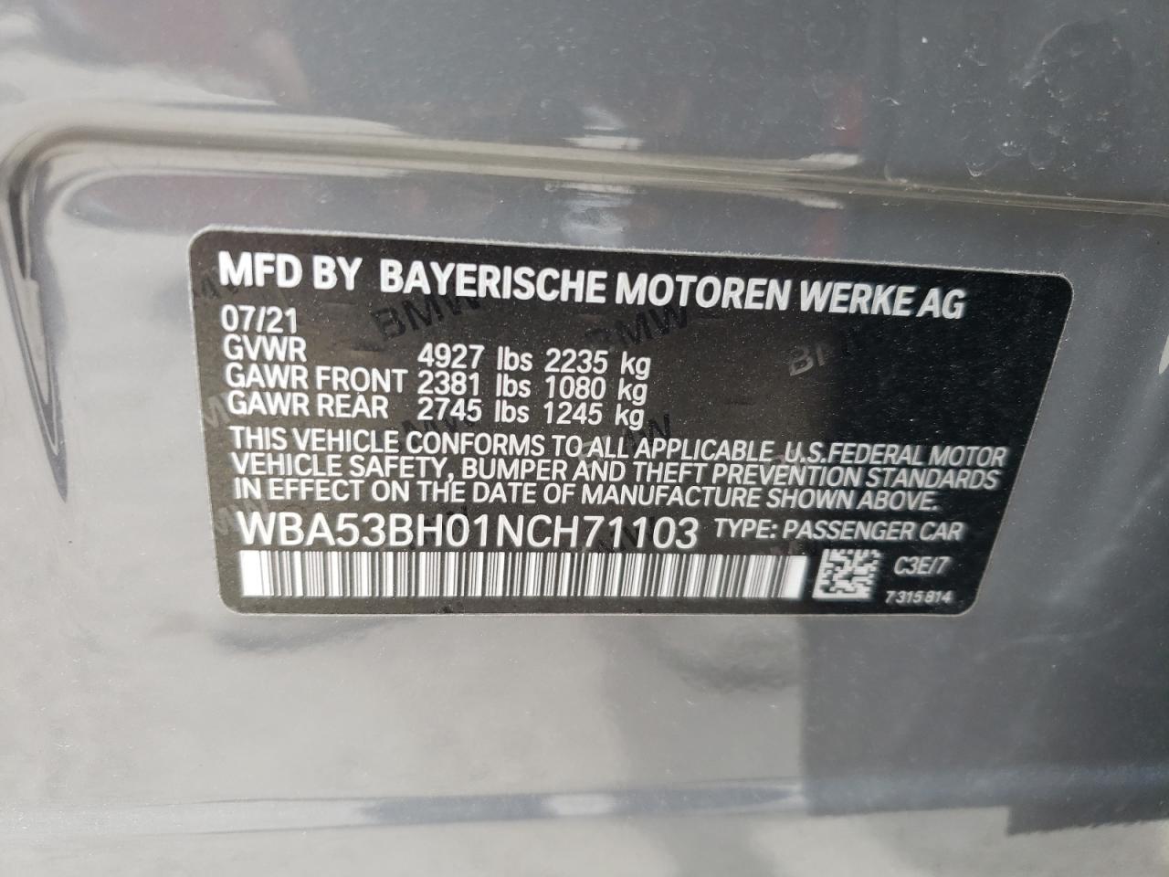 Photo 10 from auction – 2022 BMW 530 I with VIN WBA53BH01NCH71103