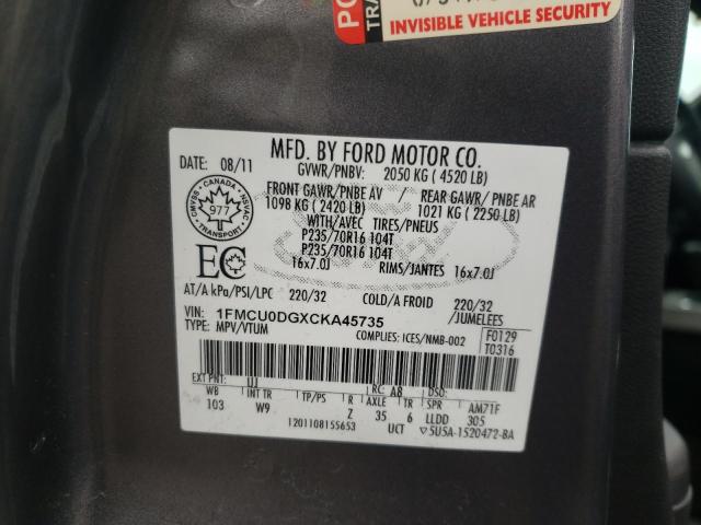 Photo 10 from auction – 2012 FORD ESCAPE XLT with VIN 1FMCU0DGXCKA45735