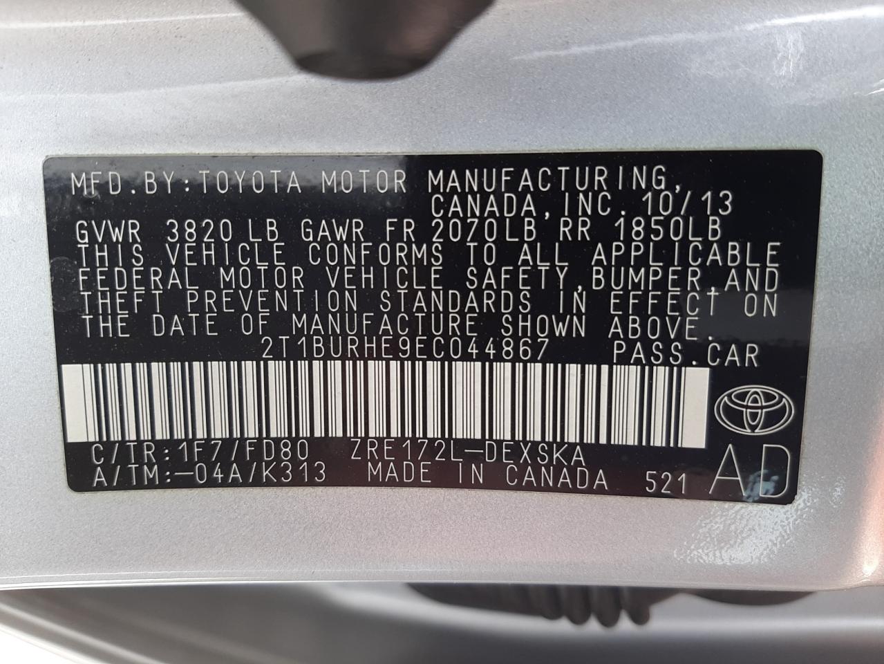 Photo 10 from auction – 2014 TOYOTA COROLLA L with VIN 2T1BURHE9EC044867