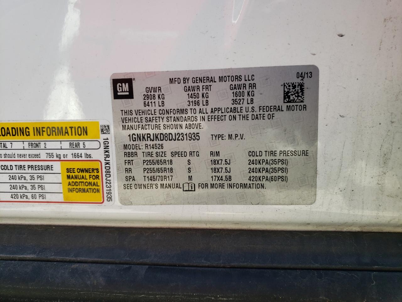 Photo 10 from auction – 2013 CHEVROLET TRAVERSE L with VIN 1GNKRJKD8DJ231935