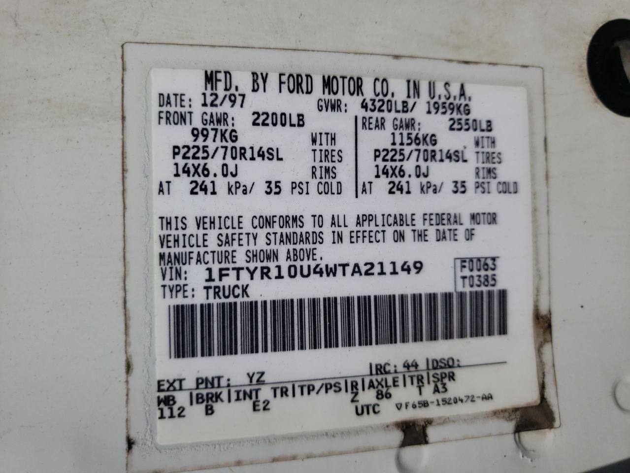 Photo 10 from auction – 1998 FORD RANGER with VIN 1FTYR10U4WTA21149